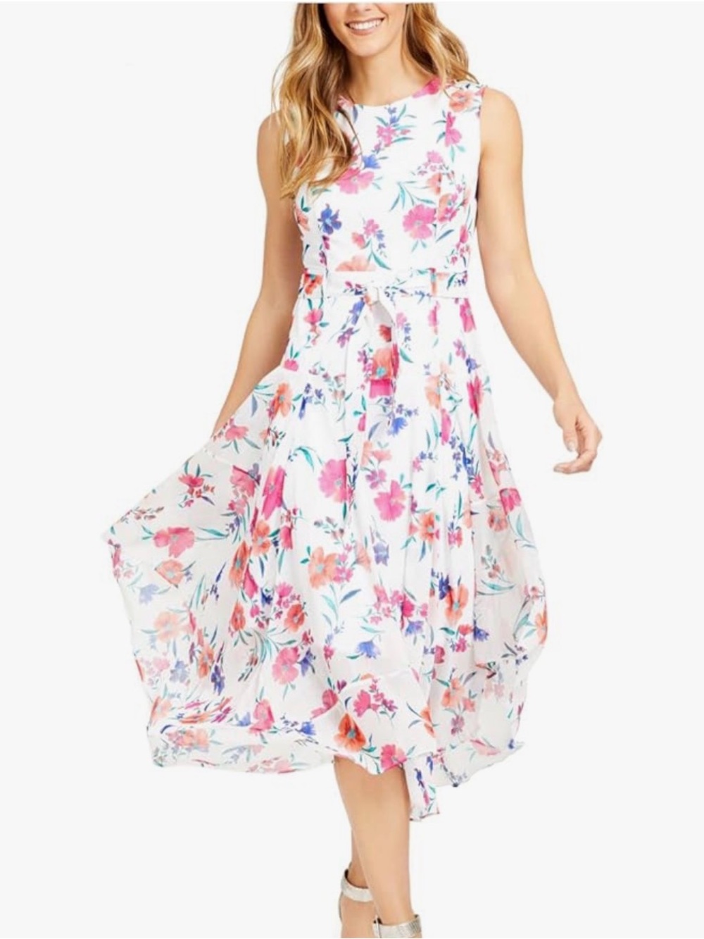 Calvin Klein Floral Sleeveless Midi Dress with Asymmetrical Hem